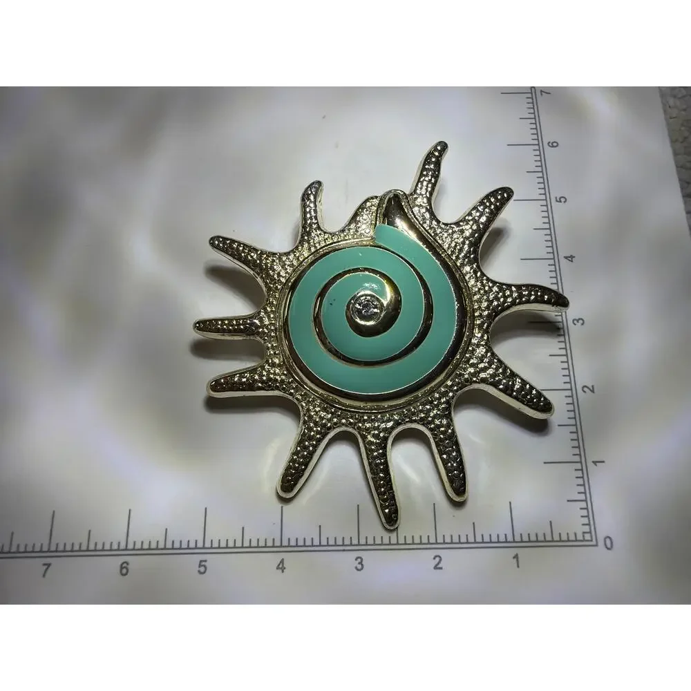 Signed Silver Tone Enamel Sunburst Brooch Pendant Aqua Rhinestone Vintage Pin